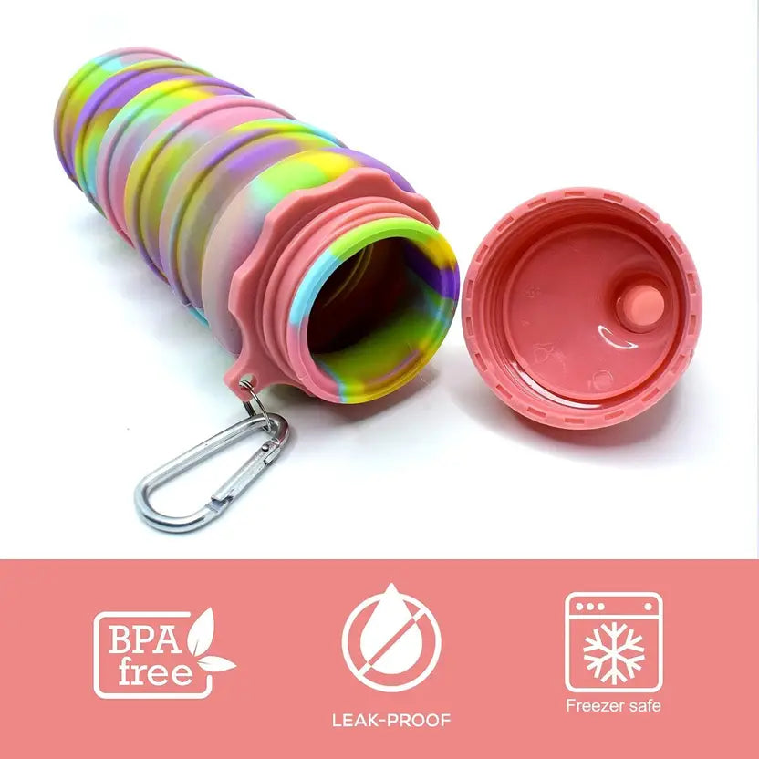 TUMAMA Collapsible Silicone Sipper Water Bottle With Snap Hook 500 ml Bottle 500 ml Bottle  (Pack of 1, Pink, Silicone)